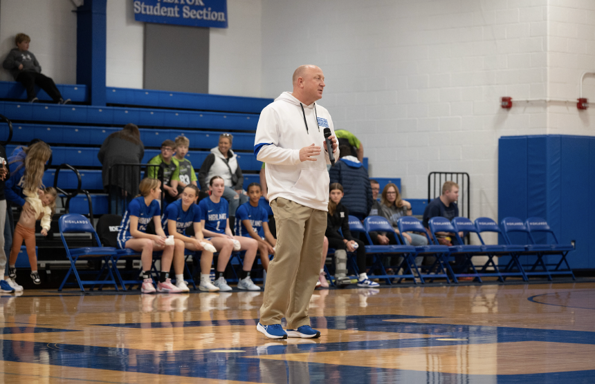 Kevin Listerman speaks to the students and donors about the importance of awareness of poverty at
 Hoops for Hunger. (Picture by Liam Downie)
